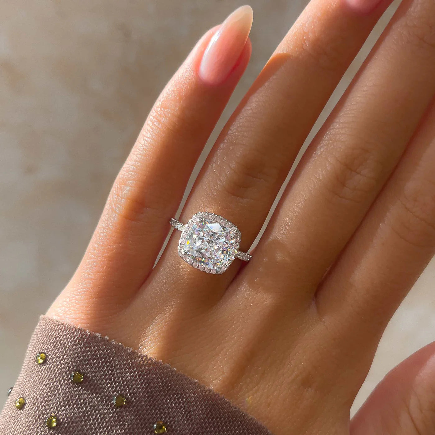 Riley 4.5 CTW DEW Flawless Brilliant Cushion Cut Moissanite Ring with Halo & Hidden Halo