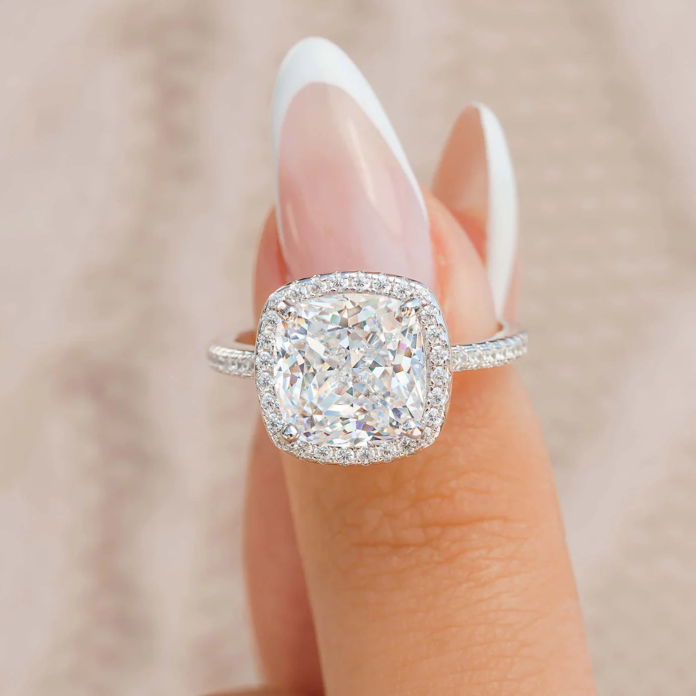 Riley 4.5 CTW DEW Flawless Brilliant Cushion Cut Moissanite Ring with Halo & Hidden Halo