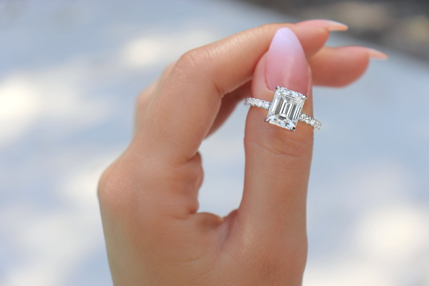 Tristin 4 CTW DEW Emerald Moissanite set in Pave Ring