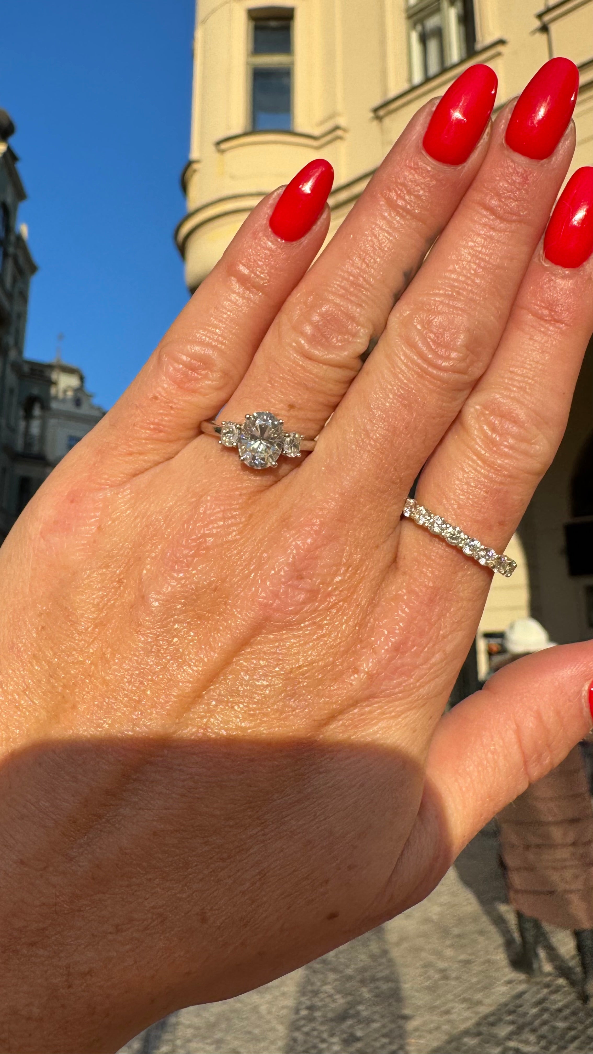 Jackie 3CTW DEW Oval Moissanite Three-Stone Engagement Ring