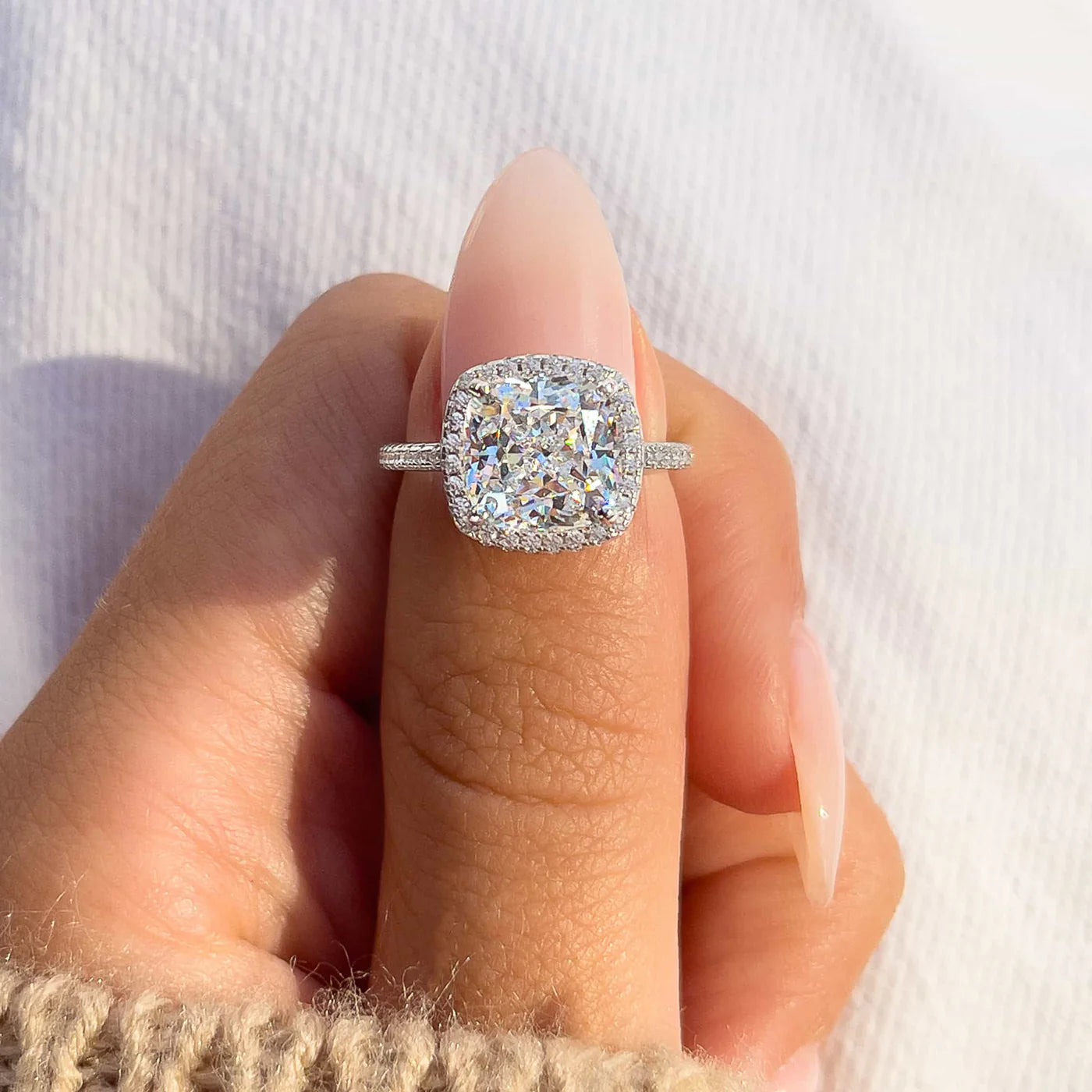 Riley 4.5 CTW DEW Flawless Brilliant Cushion Cut Moissanite Ring with Halo & Hidden Halo