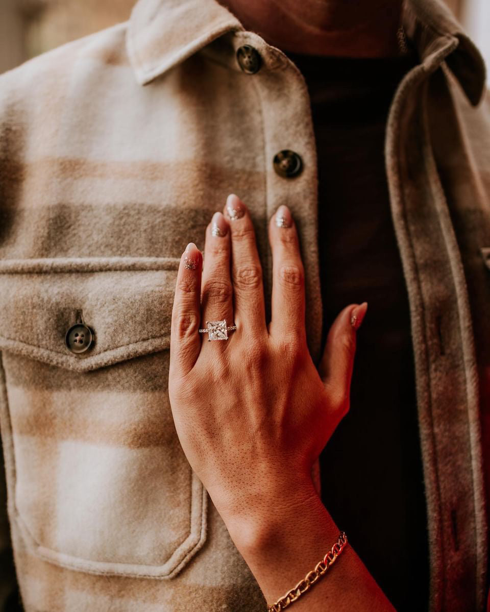 Kaydence 5.5 CTW DEW Princess Cut Moissanite Ring with Moissanite Hidden Halo and Accent Stones