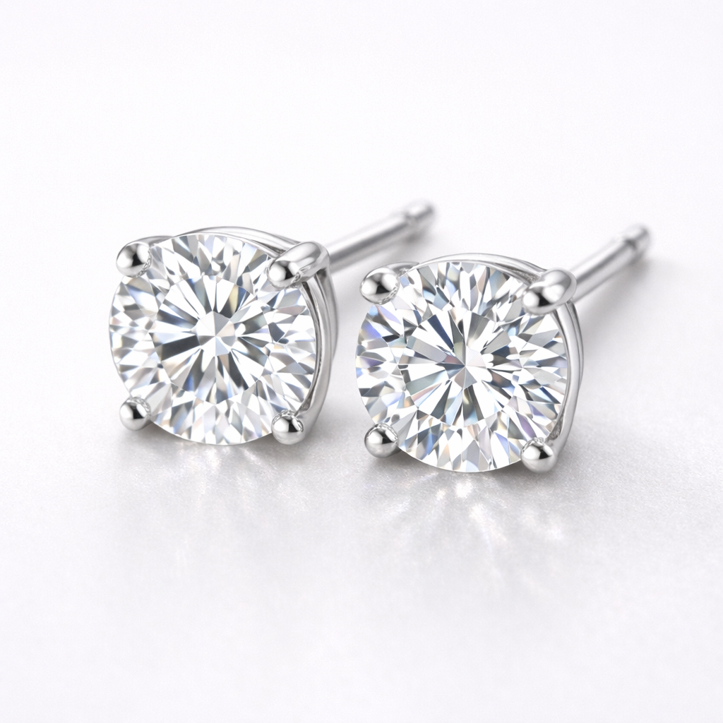 Pair of diamond stud earrings on a white background