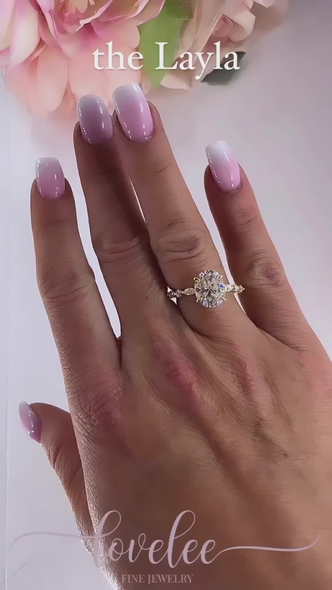 Layla 3 CTW DEW Brilliant Oval Moissanite Ring with Marquise & Round Side Stones