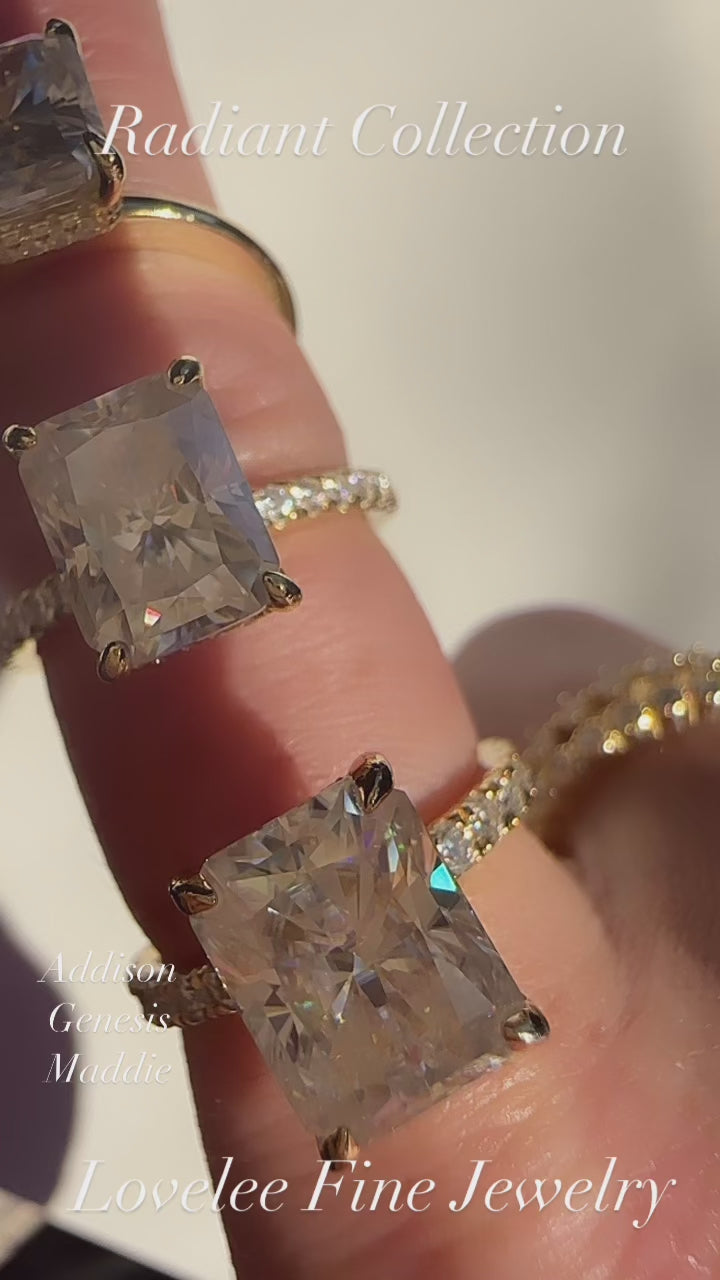 Addison 3 CTW DEW Brilliant Radiant Moissanite Ring with Hidden Halo & Solid Band