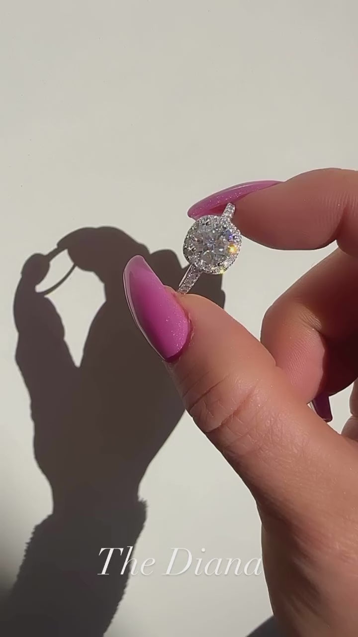 Diana 1.5 CTW DEW Round Brillant Cut Moissanite Ring with Halo set in Pave