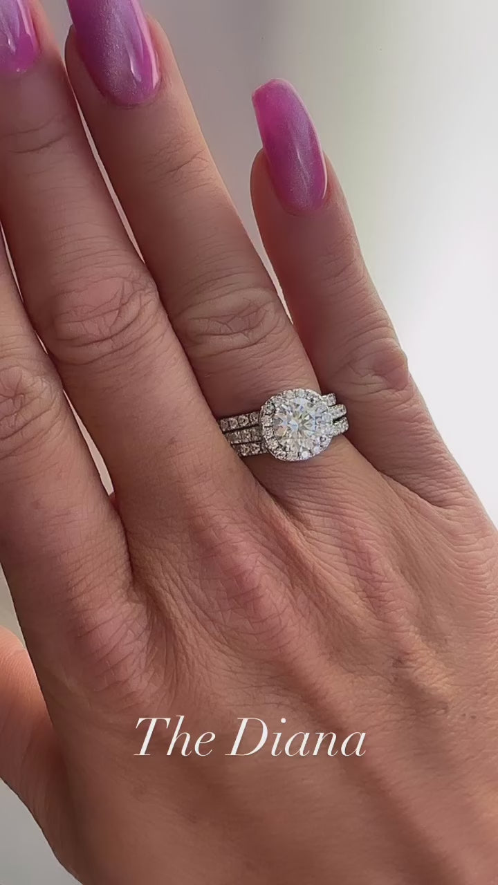 Diana 1.5 CTW DEW Round Brillant Cut Moissanite Ring with Halo set in Pave