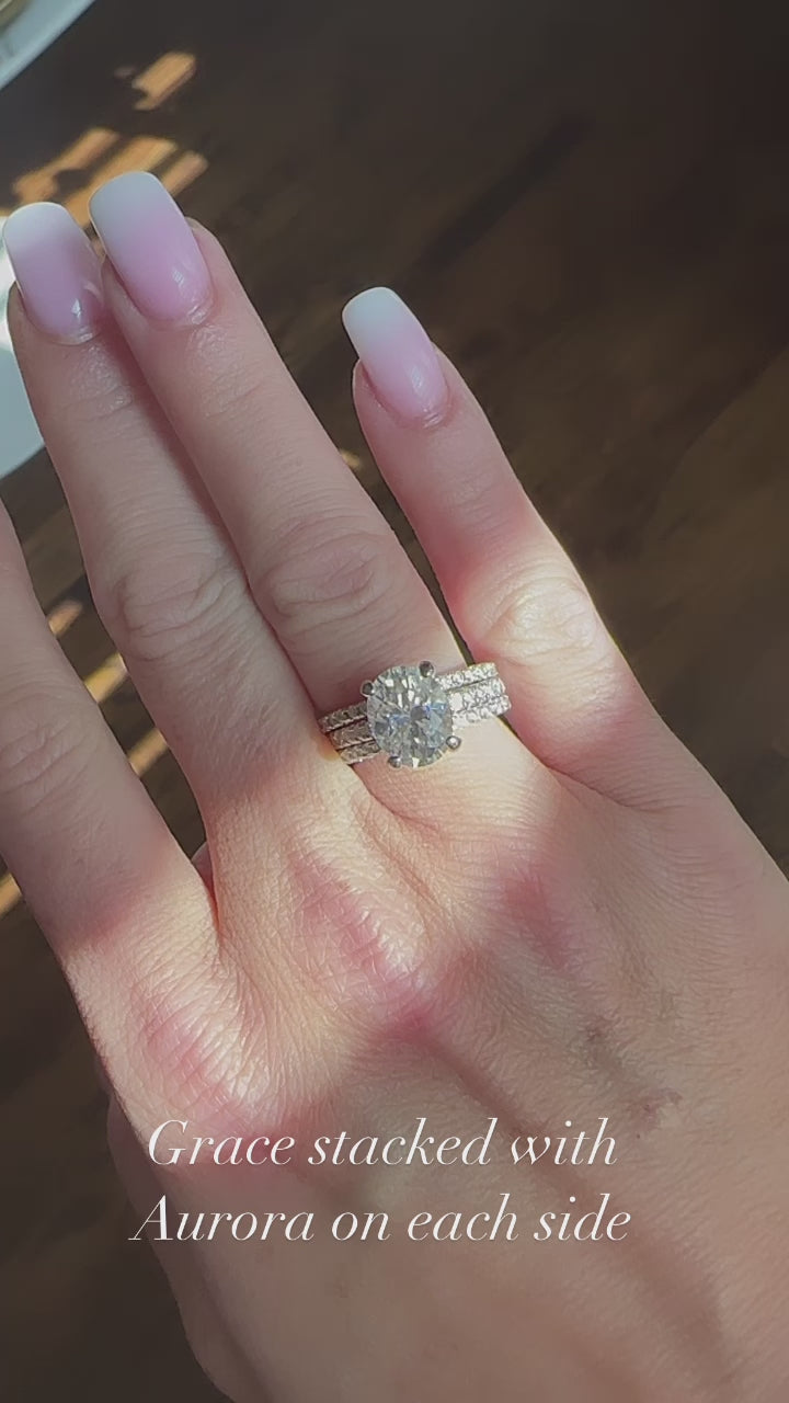 Grace 3.5 CTW DEW Brilliant Oval Moissanite Engagement Ring with Moissanite Pave Halo, Prongs & Band