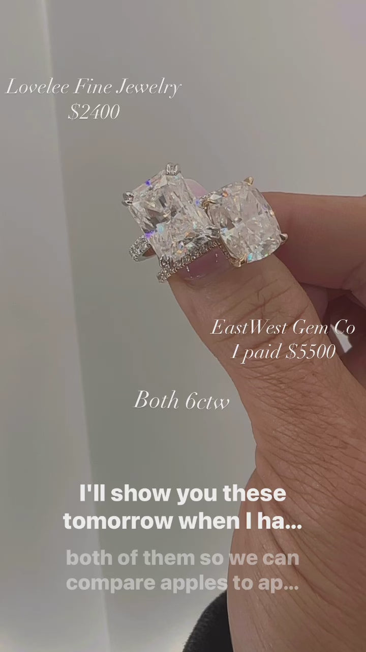 Becka 6+CT DEW Brilliant Cut Radiant Moissanite Ring with Hidden Halo on Pave Band