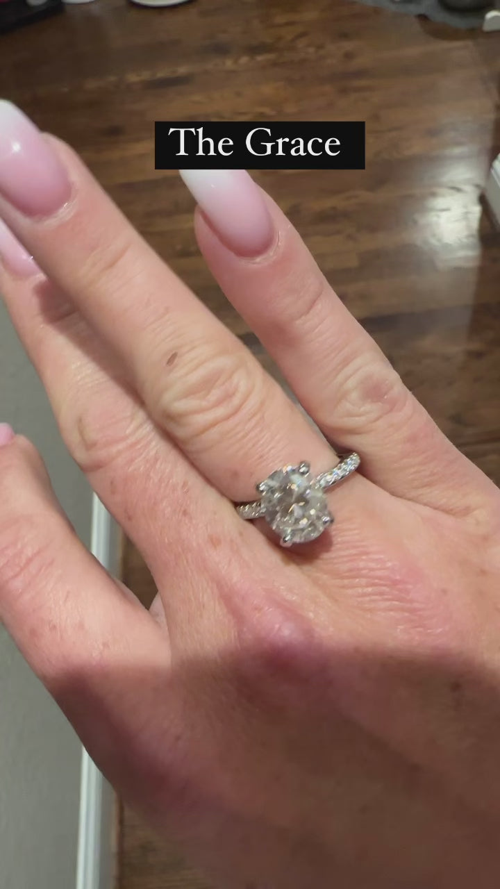 Grace 3.5 CTW DEW Brilliant Oval Moissanite Engagement Ring with Moissanite Pave Halo, Prongs & Band