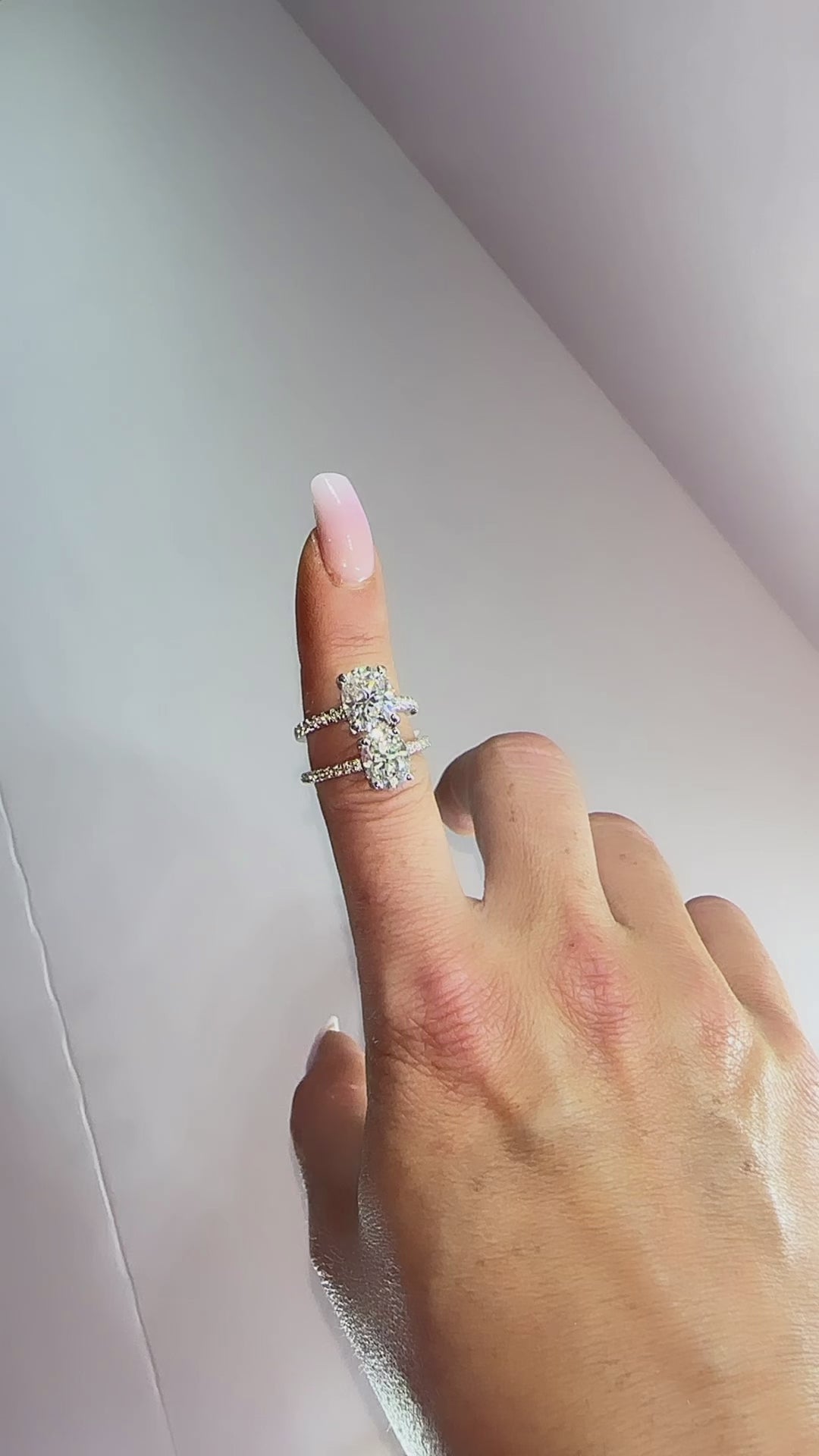 Grace 3.5 CTW DEW Brilliant Oval Moissanite Engagement Ring with Moissanite Pave Halo, Prongs & Band