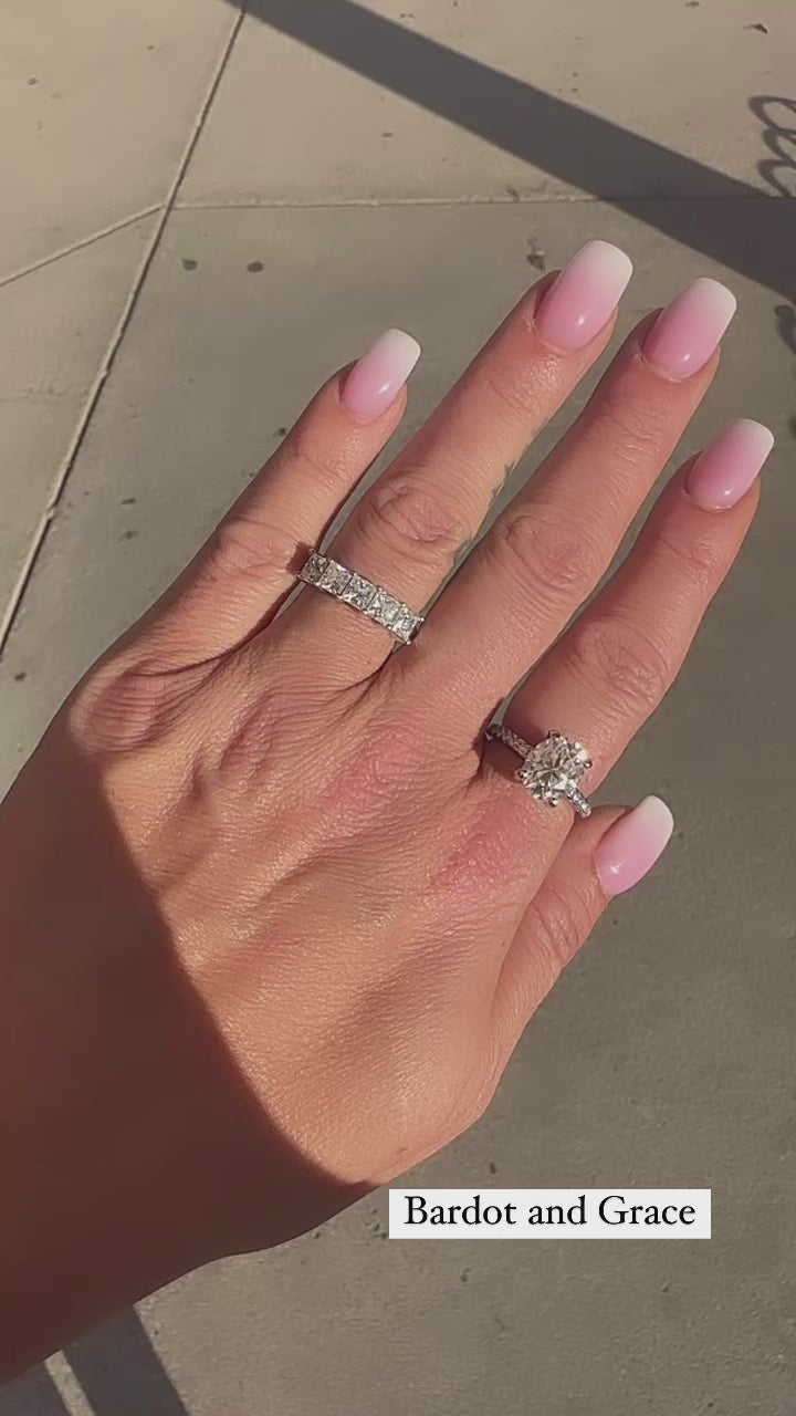 Grace 3.5 CTW DEW Brilliant Oval Moissanite Engagement Ring with Moissanite Pave Halo, Prongs & Band