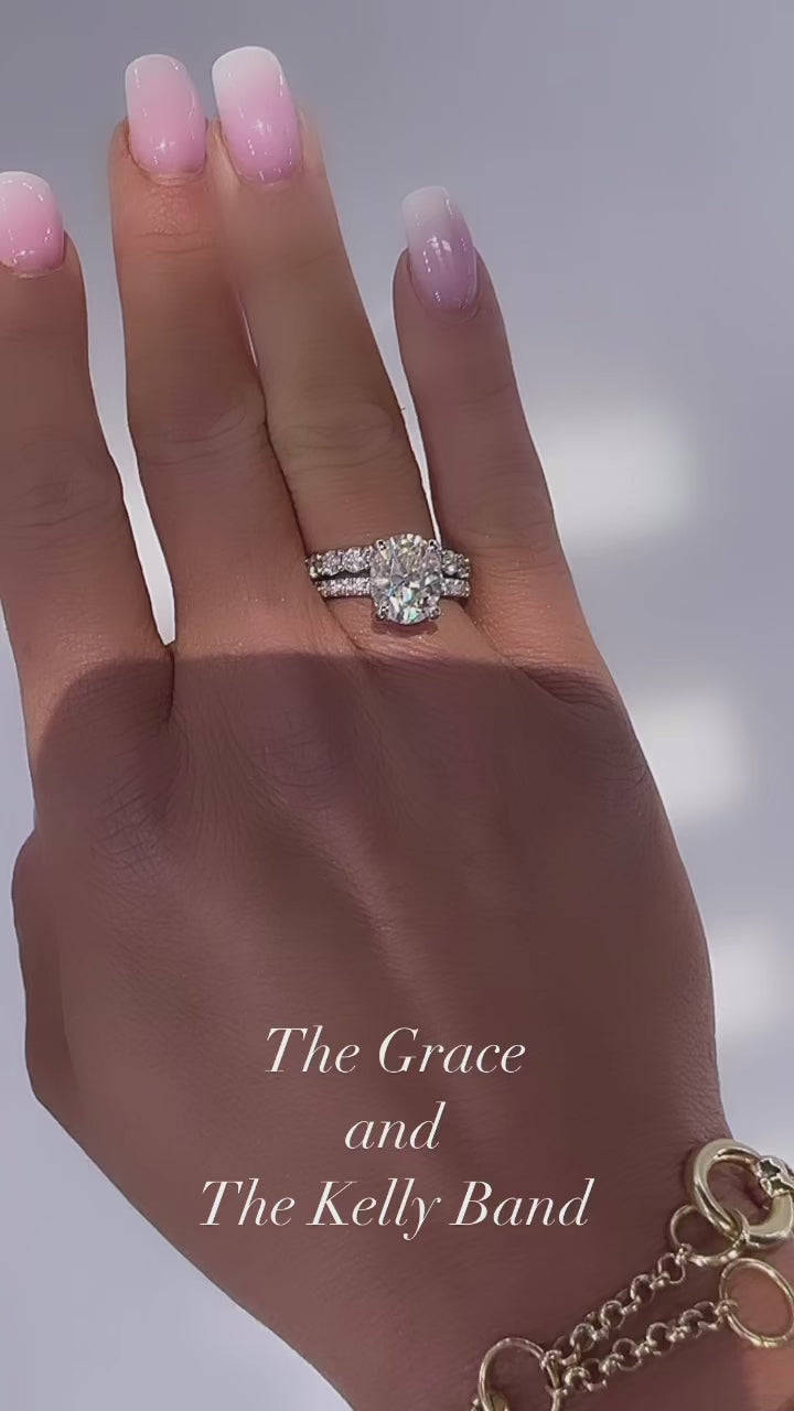 Grace 3.5 CTW DEW Brilliant Oval Moissanite Engagement Ring with Moissanite Pave Halo, Prongs & Band