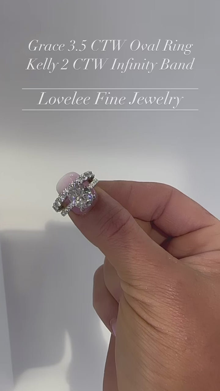 Grace 3.5 CTW DEW Brilliant Oval Moissanite Engagement Ring with Moissanite Pave Halo, Prongs & Band