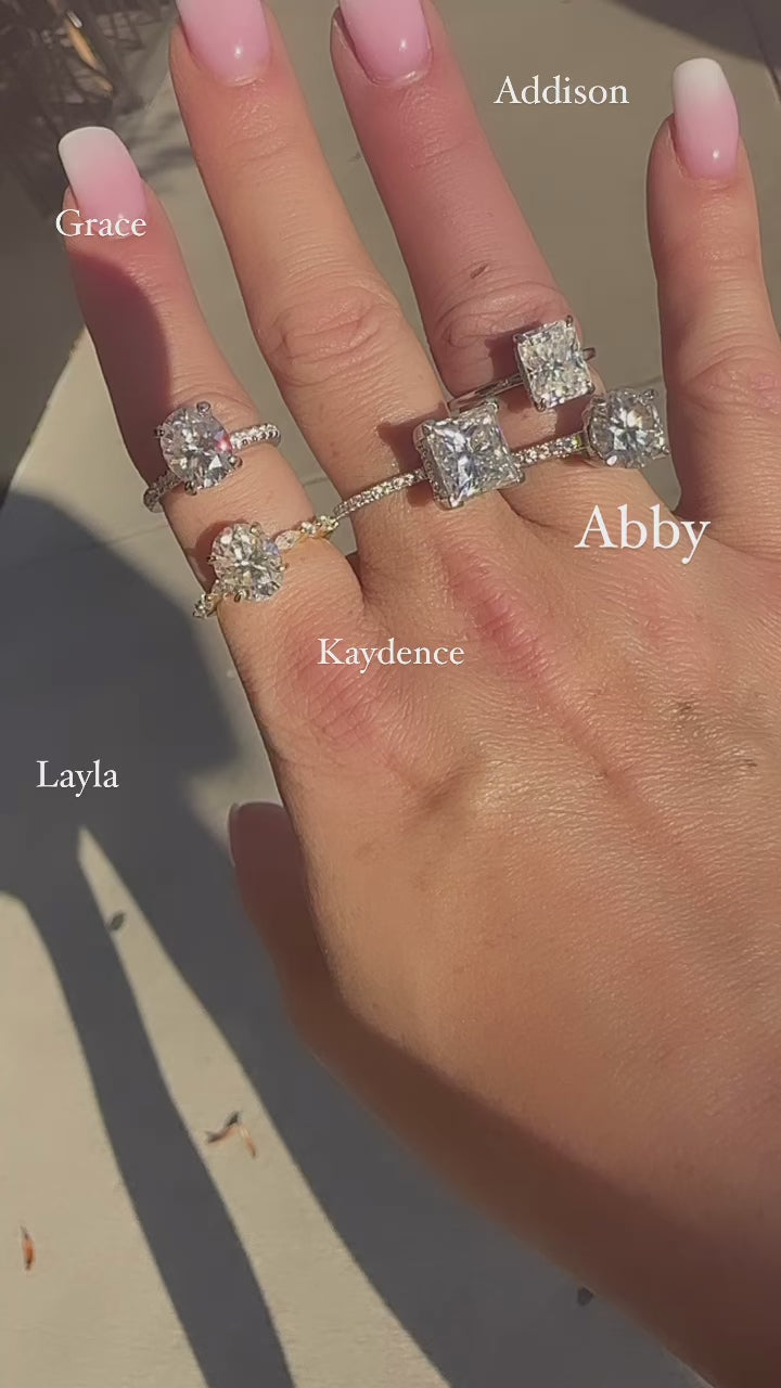 Grace 3.5 CTW DEW Brilliant Oval Moissanite Engagement Ring with Moissanite Pave Halo, Prongs & Band