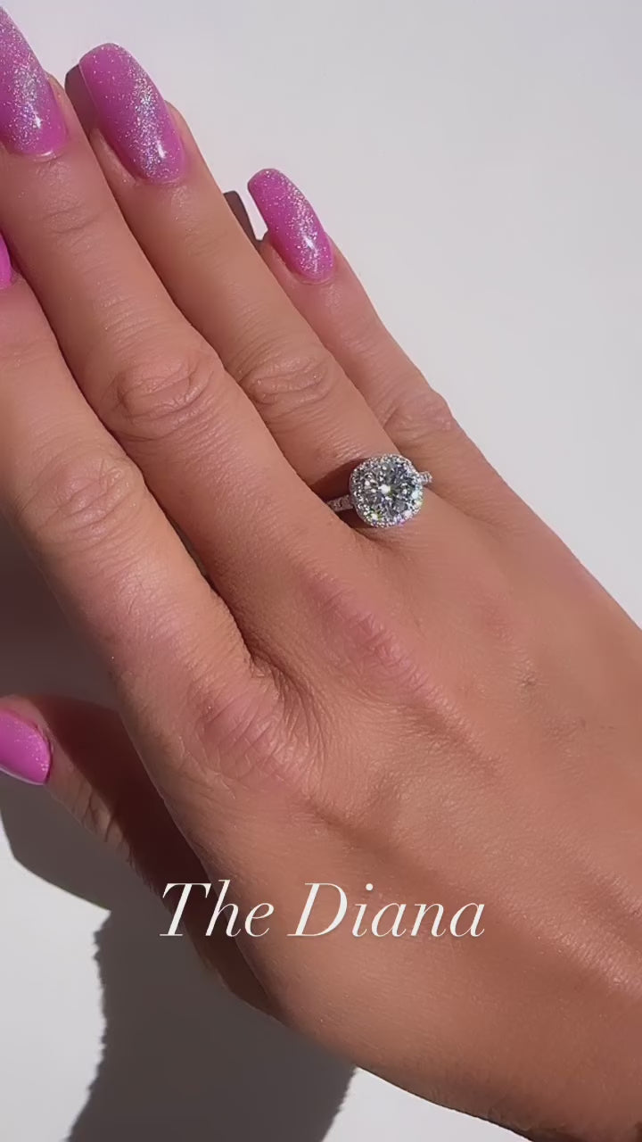 Diana 1.5 CTW DEW Round Brillant Cut Moissanite Ring with Halo set in Pave