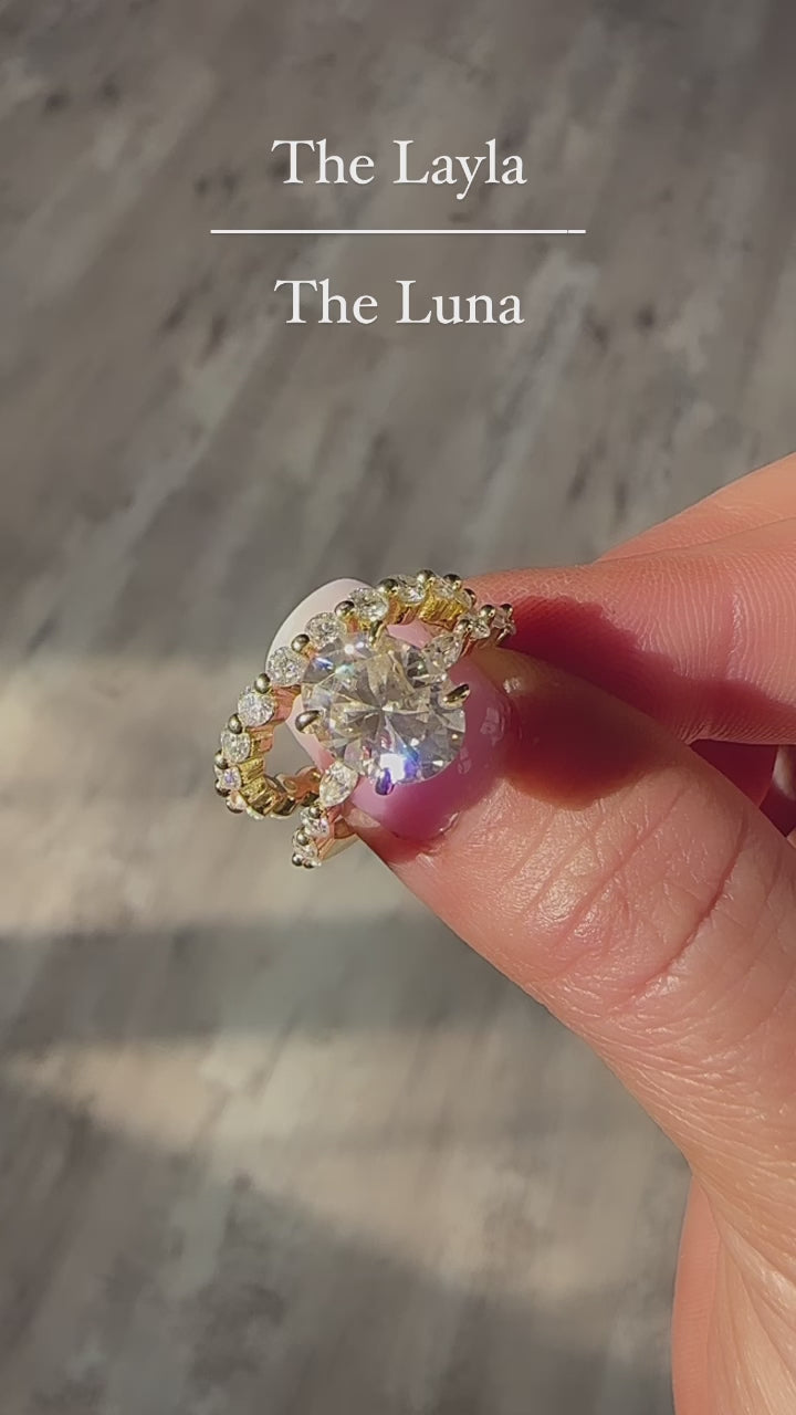 Layla 3 CTW DEW Brilliant Oval Moissanite Ring with Marquise & Round Side Stones