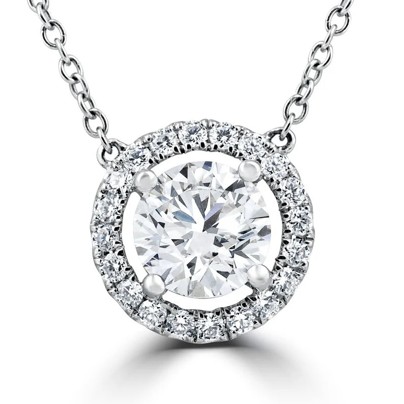Woobie 1 CTW DEW Round Cut Moissanite Pendant with Halo Necklace