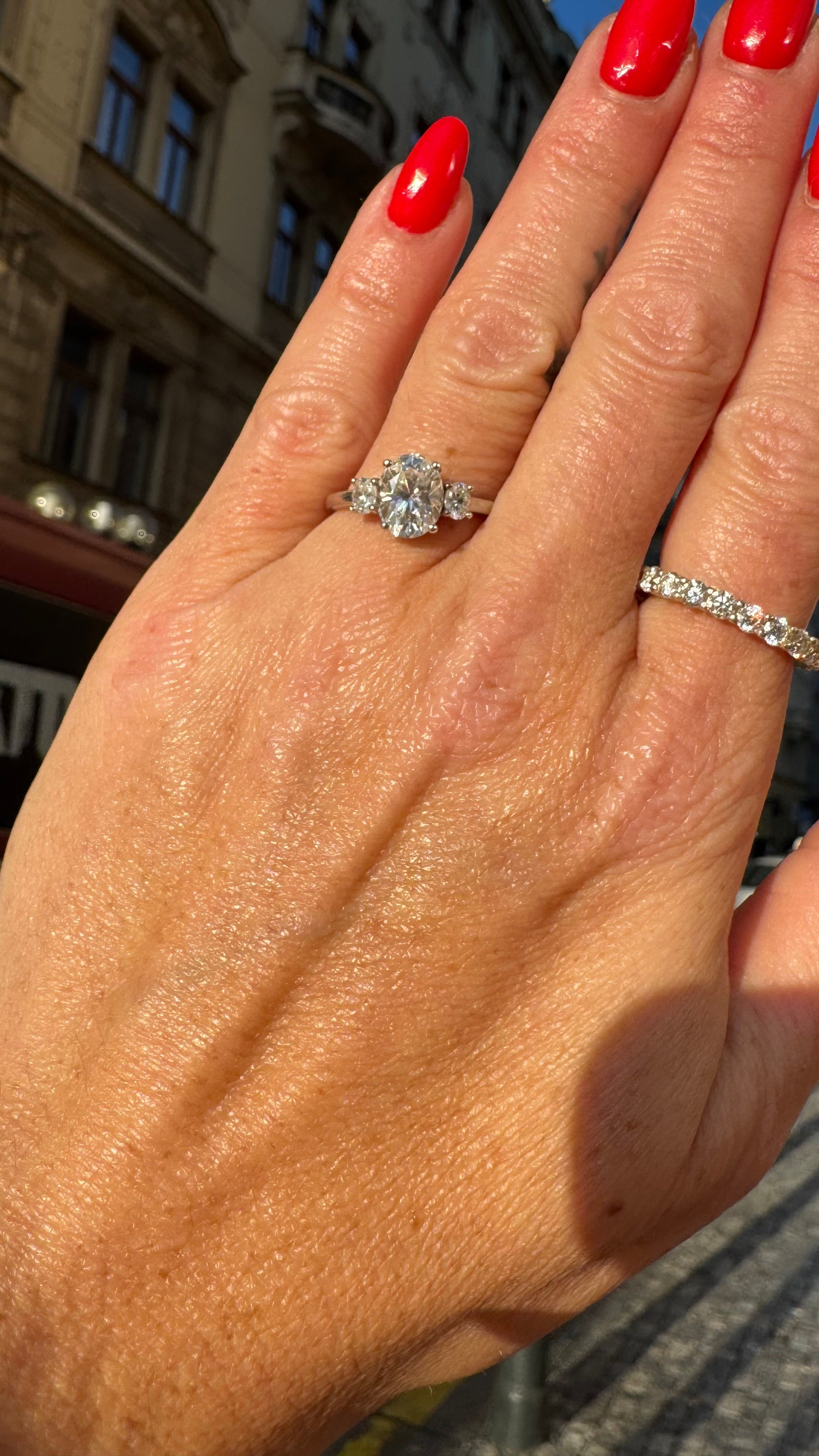 Jackie 3CTW DEW Oval Moissanite Three-Stone Engagement Ring