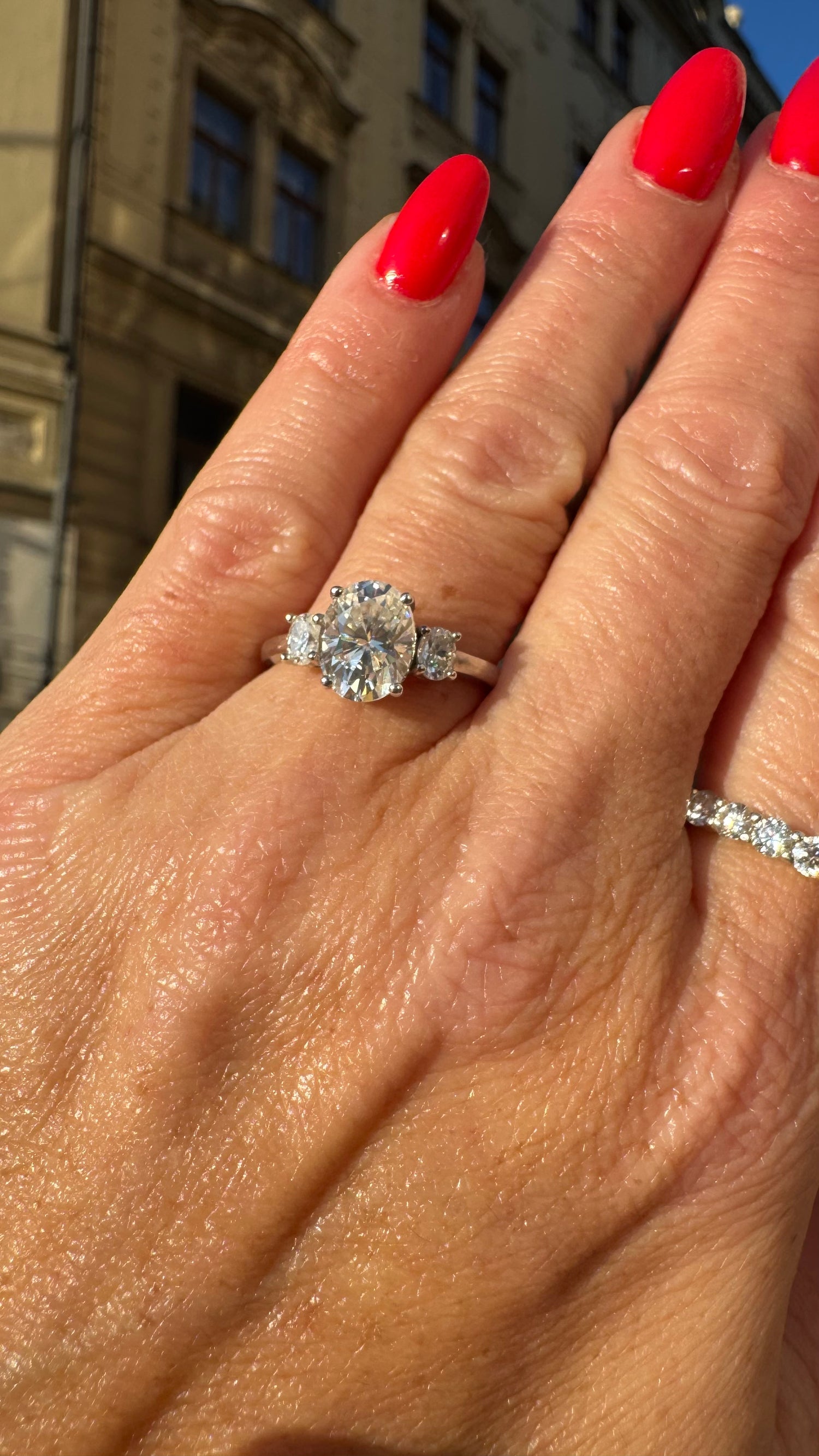 Jackie 3CTW DEW Oval Moissanite Three-Stone Engagement Ring