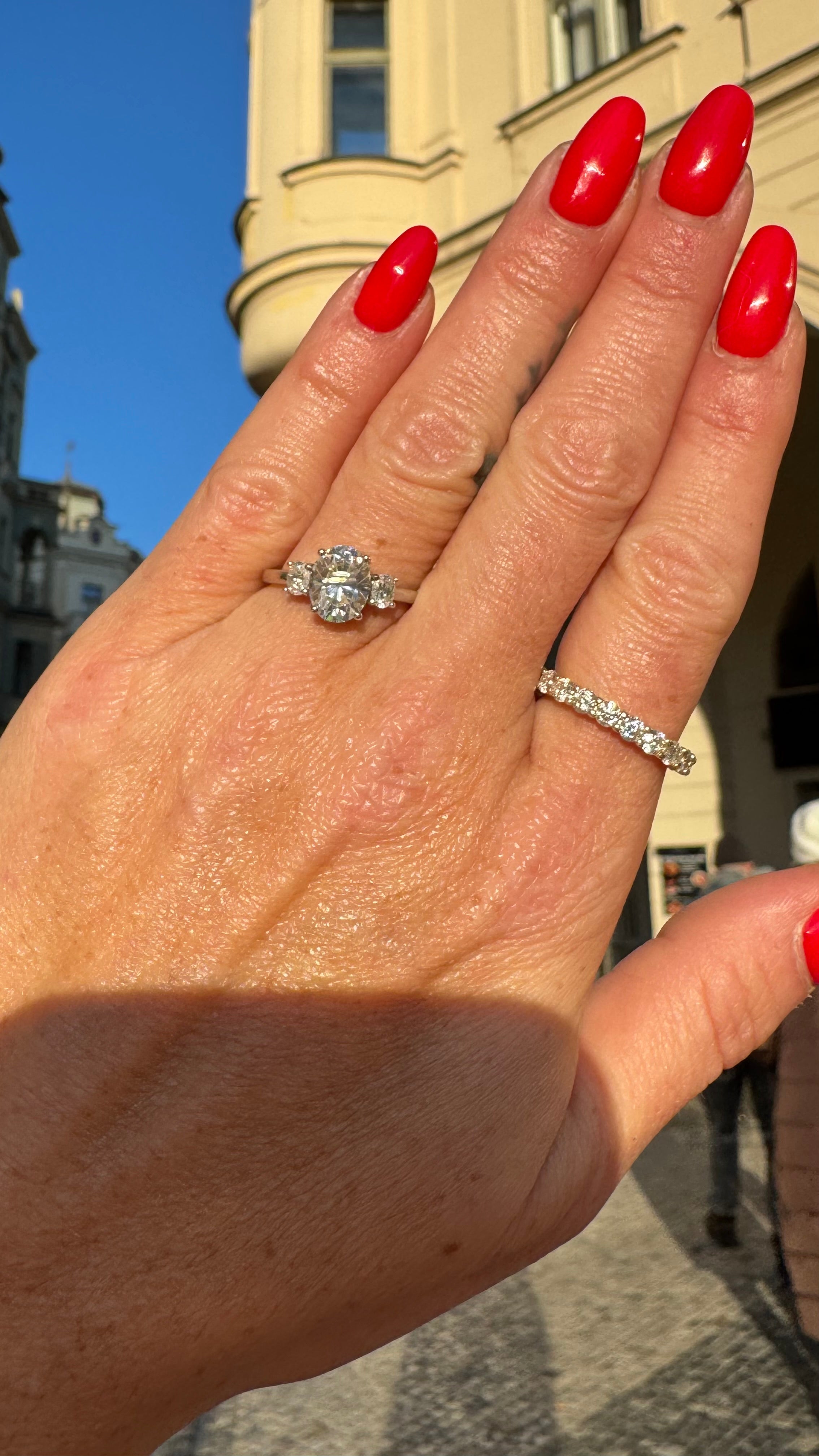 Jackie 3CTW DEW Oval Moissanite Three-Stone Engagement Ring