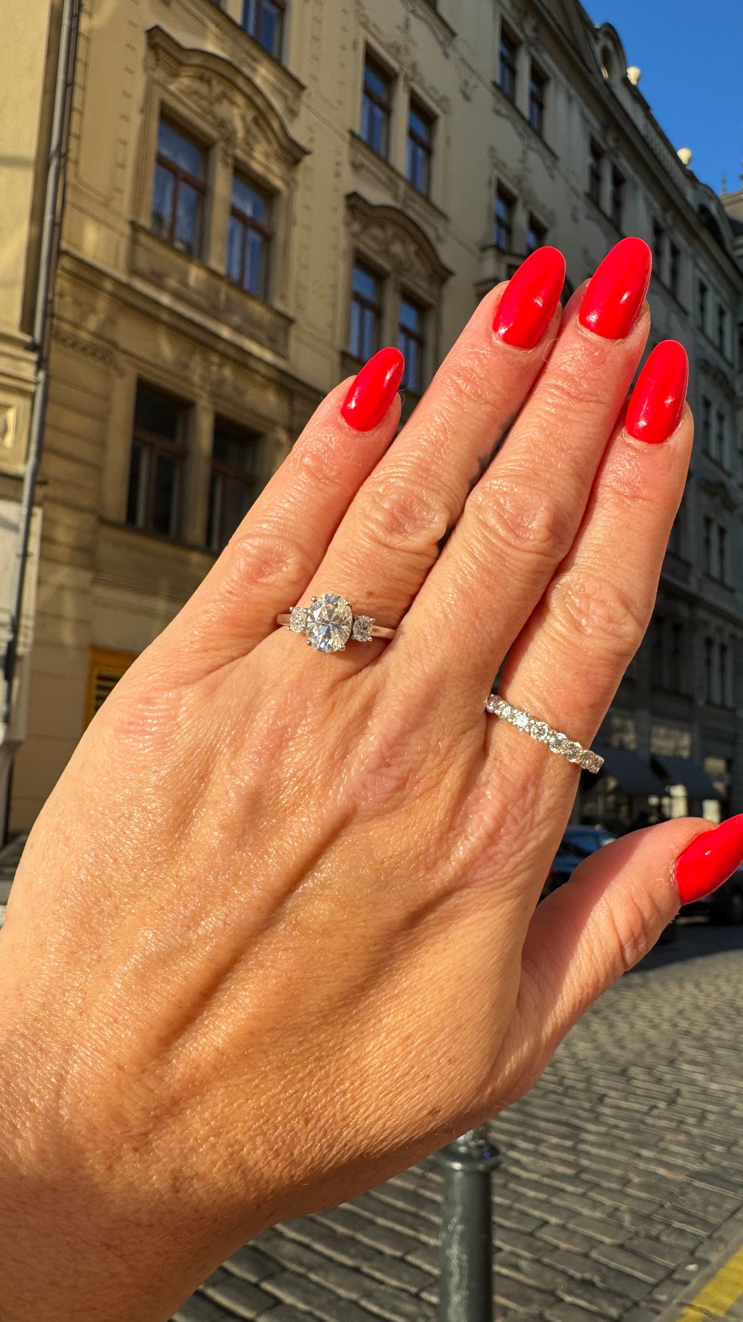 Jackie 3CTW DEW Oval Moissanite Three-Stone Engagement Ring