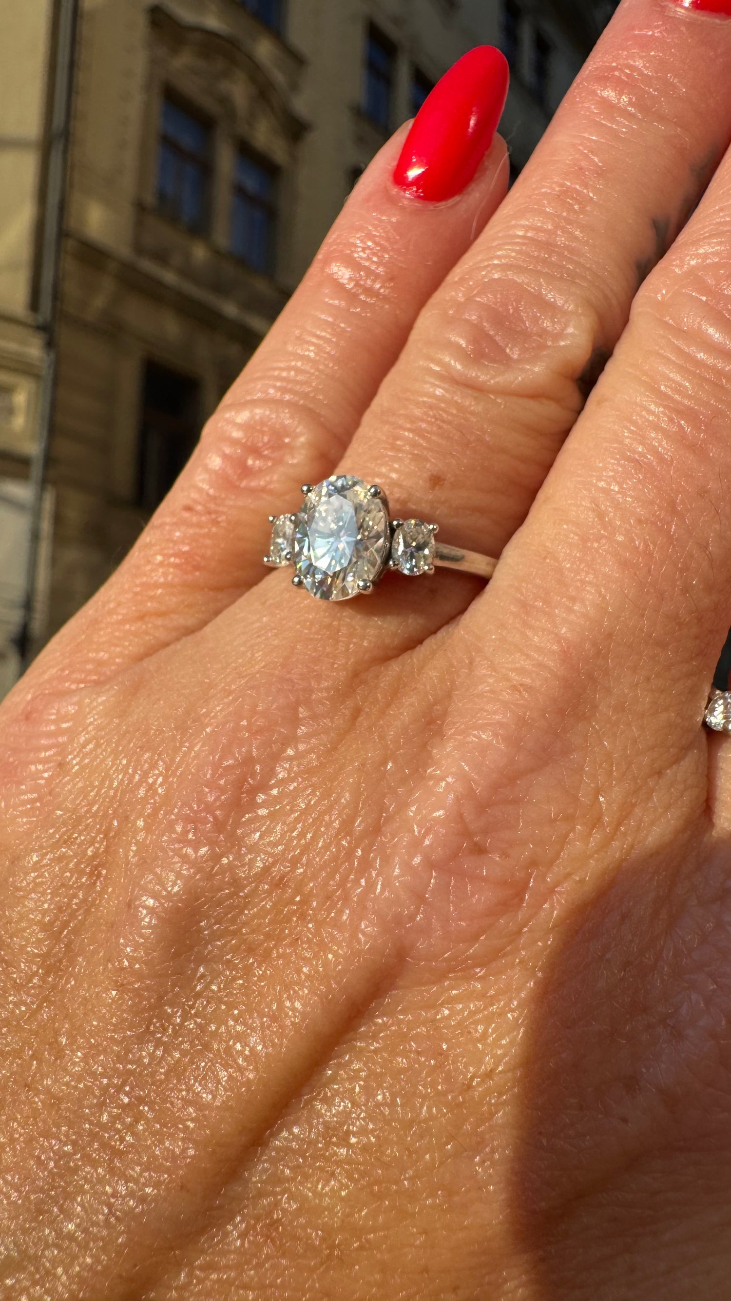 Jackie 3CTW DEW Oval Moissanite Three-Stone Engagement Ring