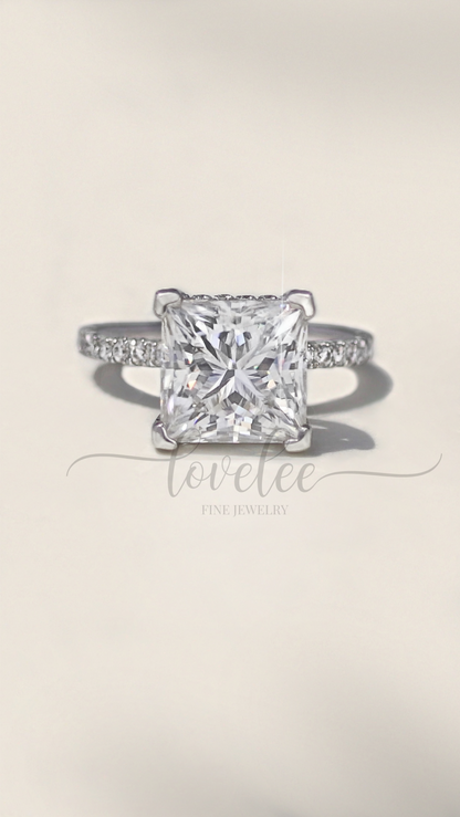 Kaydence 5.5 CTW DEW Princess Cut Moissanite Ring with Moissanite Hidden Halo and Accent Stones