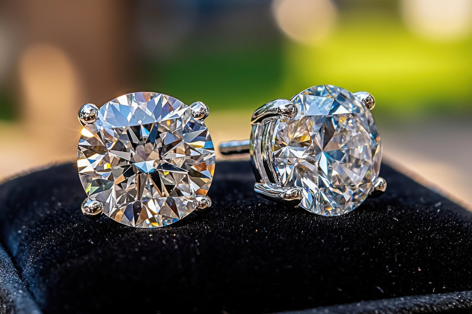Diamond stud earrings on a black cushion with a blurred green background