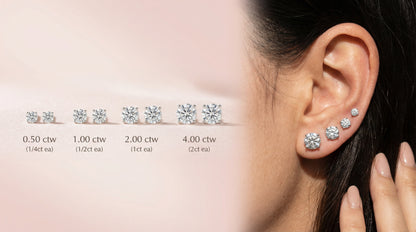 Diamond earrings worn by a person with a close-up of an ear, showing different carat weight options.