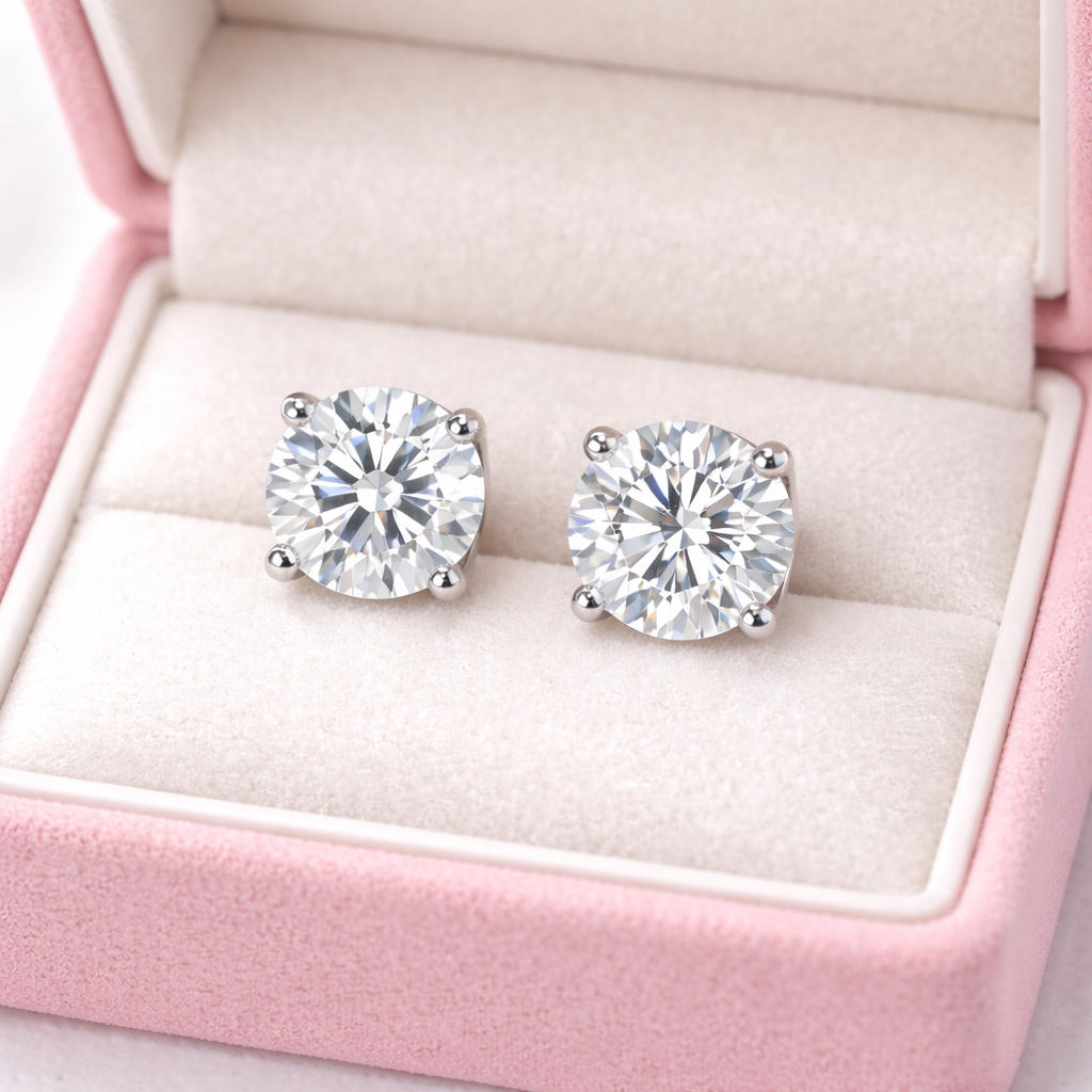 Diamond earrings in a pink jewelry box