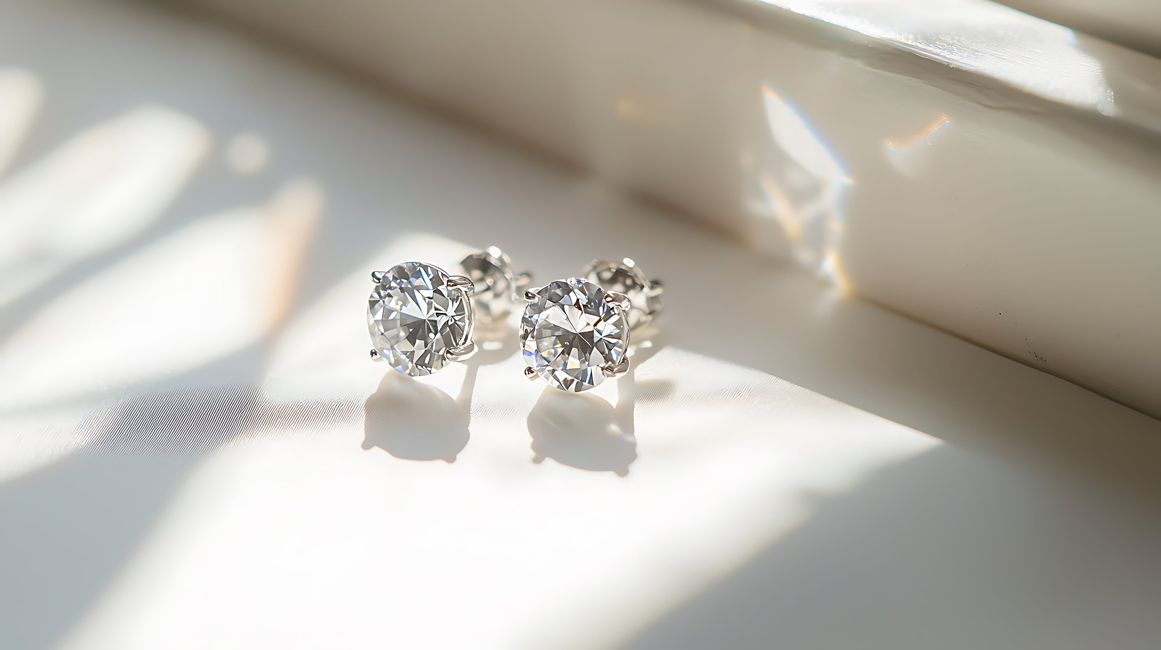 Pair of silver diamond stud earrings on a light surface with soft shadows