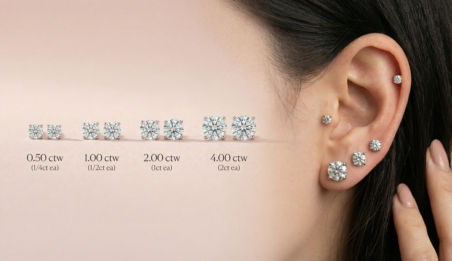 Diamond earrings displayed on an ear with measurements below.