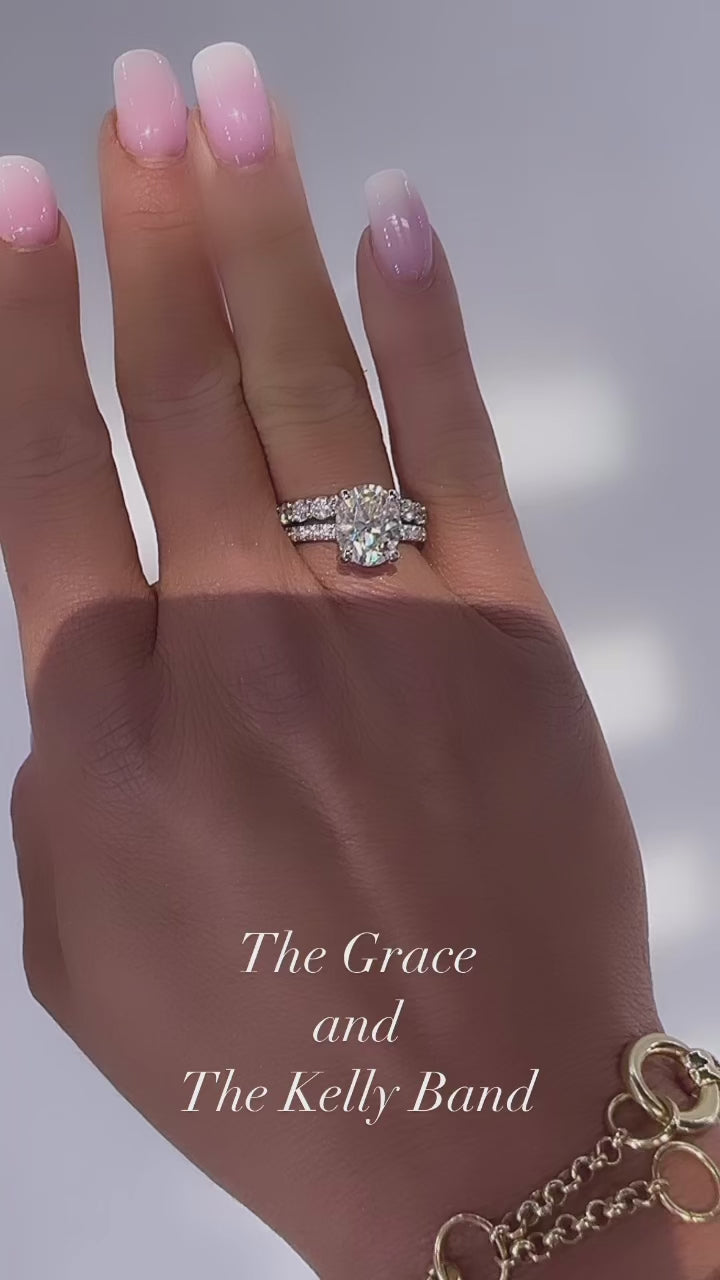 Grace 3.5 CTW DEW Brilliant Oval Moissanite Engagement Ring with Moissanite Pave Halo, Prongs &amp; Band