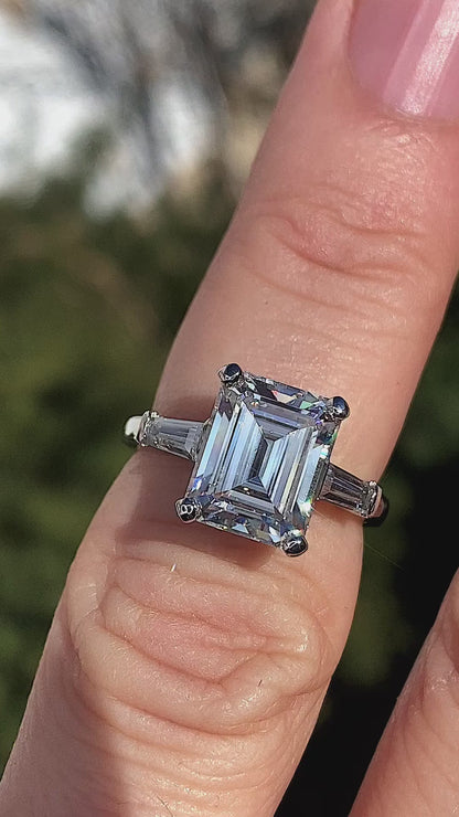 Valentina 3 CTW DEW Emerald Cut Moissanite with Baguette Side Stones Ring